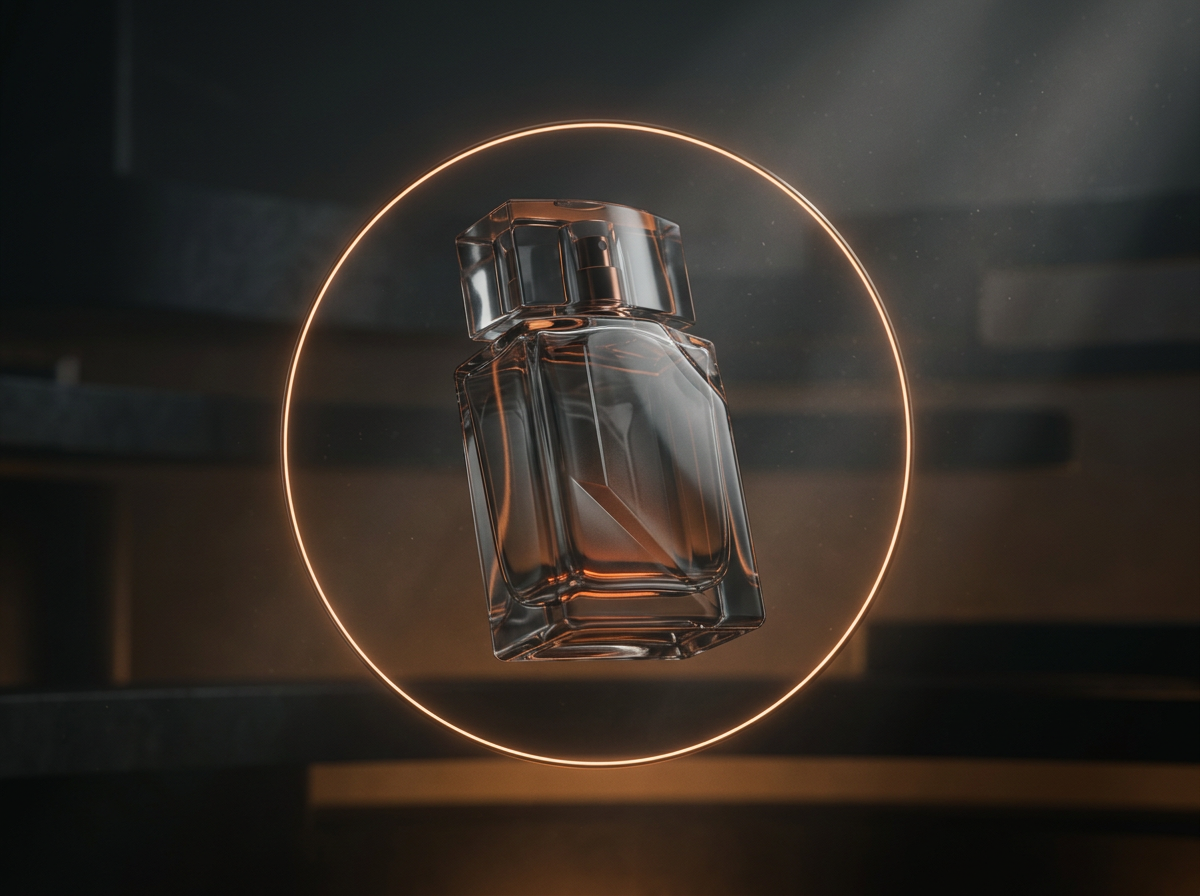 Sample AI-assisted luxury campaign visual with a sculptural fragrance bottle and amber lighting