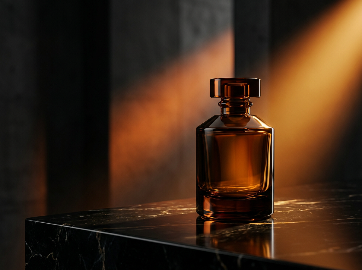 Sample luxury fragrance campaign with an amber bottle on polished black stone