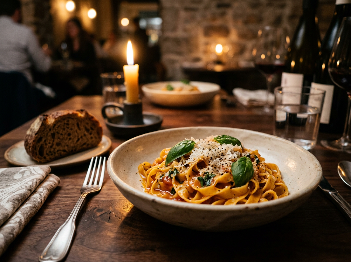 Sample restaurant advertisement featuring artisan pasta in warm evening light