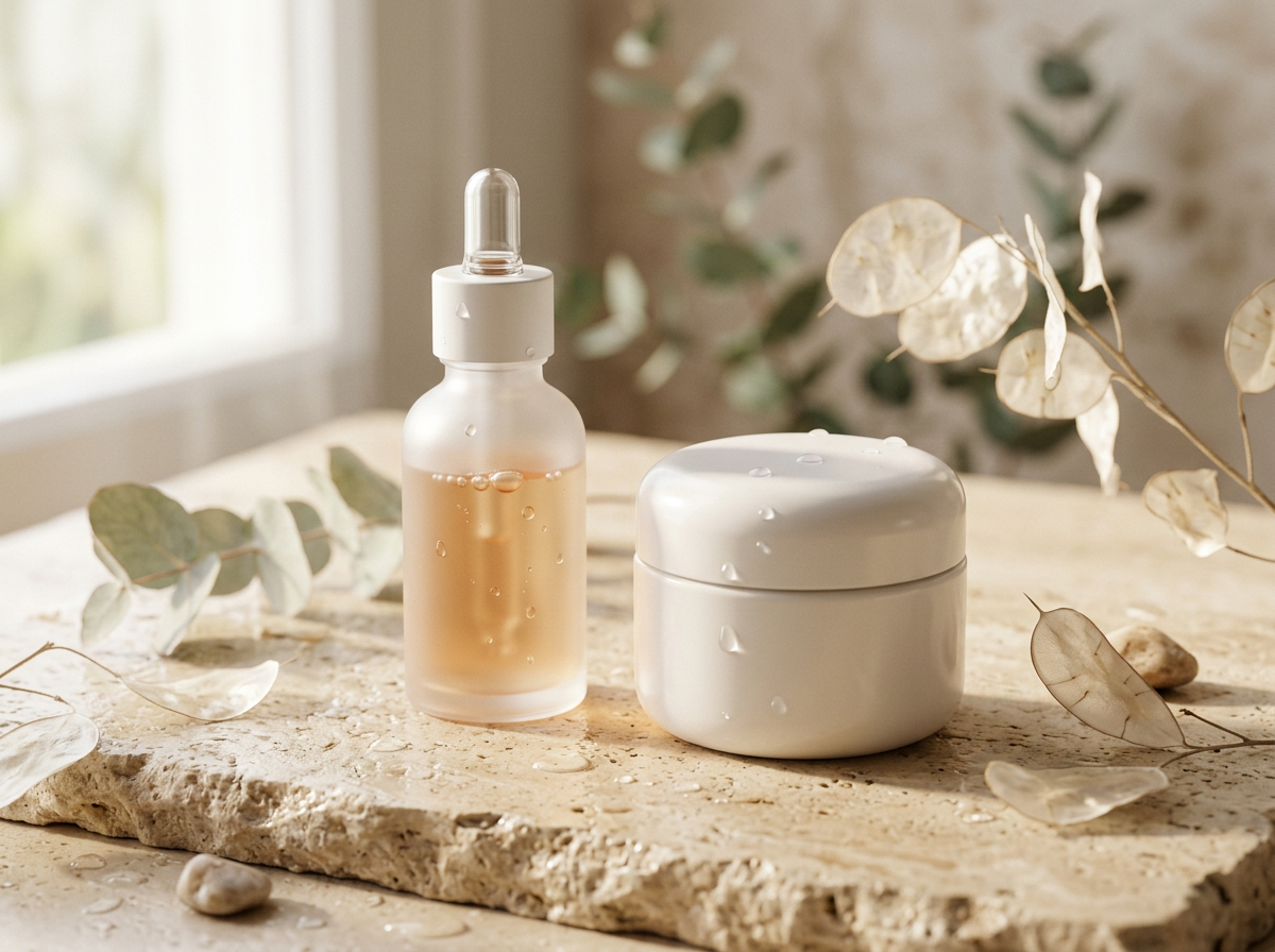 Sample skincare product ad featuring serum and cream in a refined botanical still life